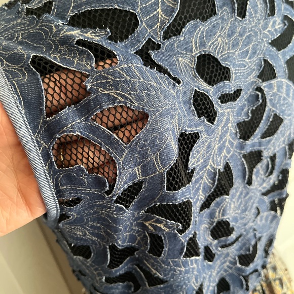 Unique Denim Embroidered Button Down + Silk Multi-Patterned Tunic **Size M** - Picture 3 of 6